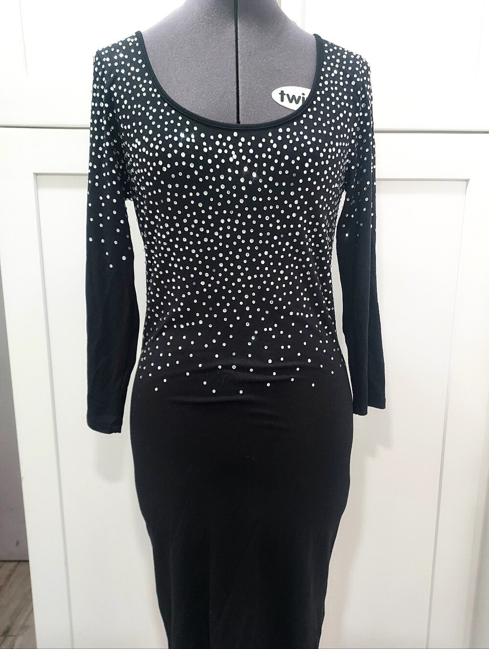 Reiss 1971 Black Rhinestone Body Con Scoop Neck Long Sleeve Dress